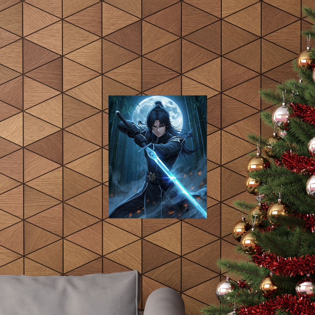 Samurai Moonlit Sword Poster — Anime Warrior Matte Vertical Art Print