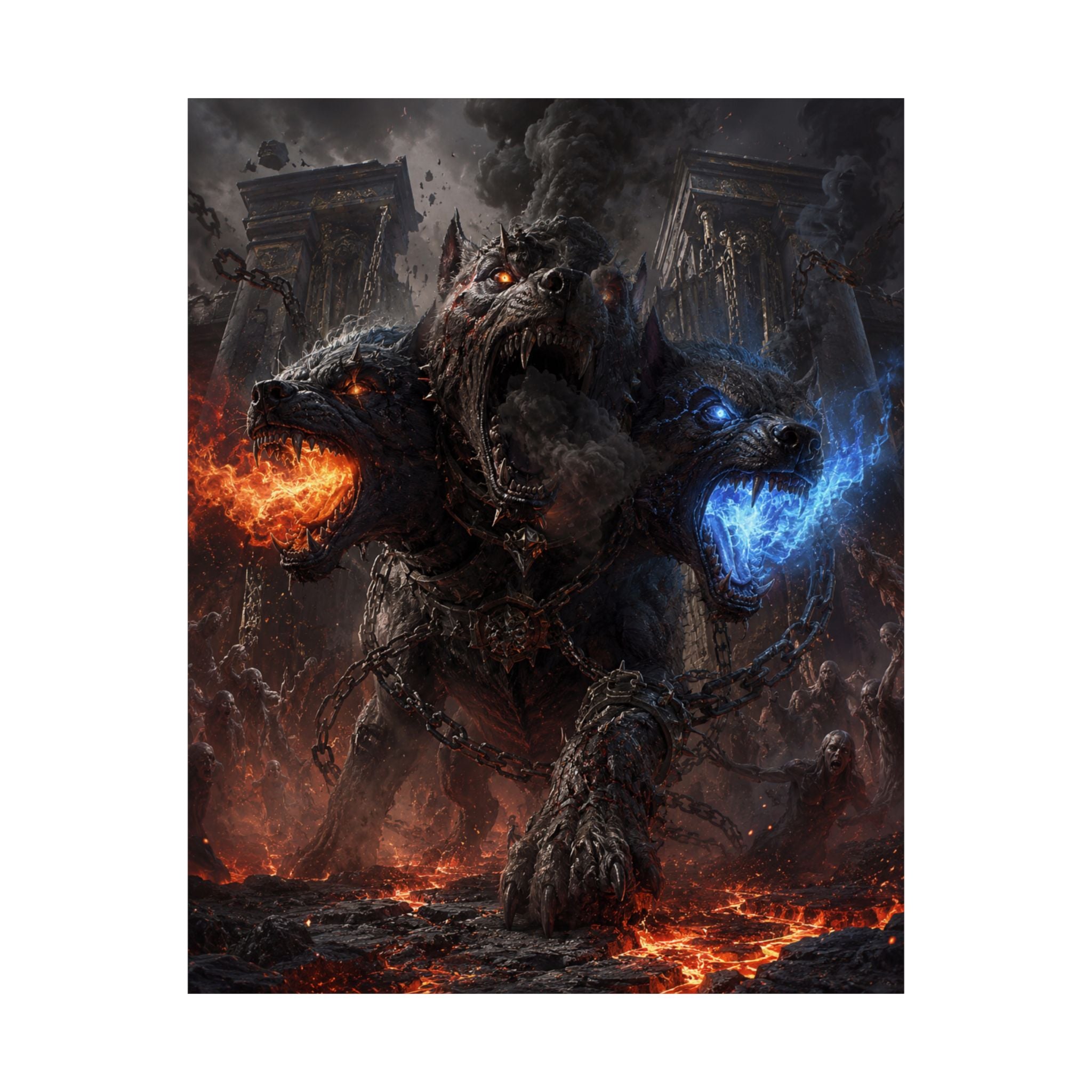 Three-Headed Cerberus Matte Vertical Poster | Fire and Ice Mythic Creature
