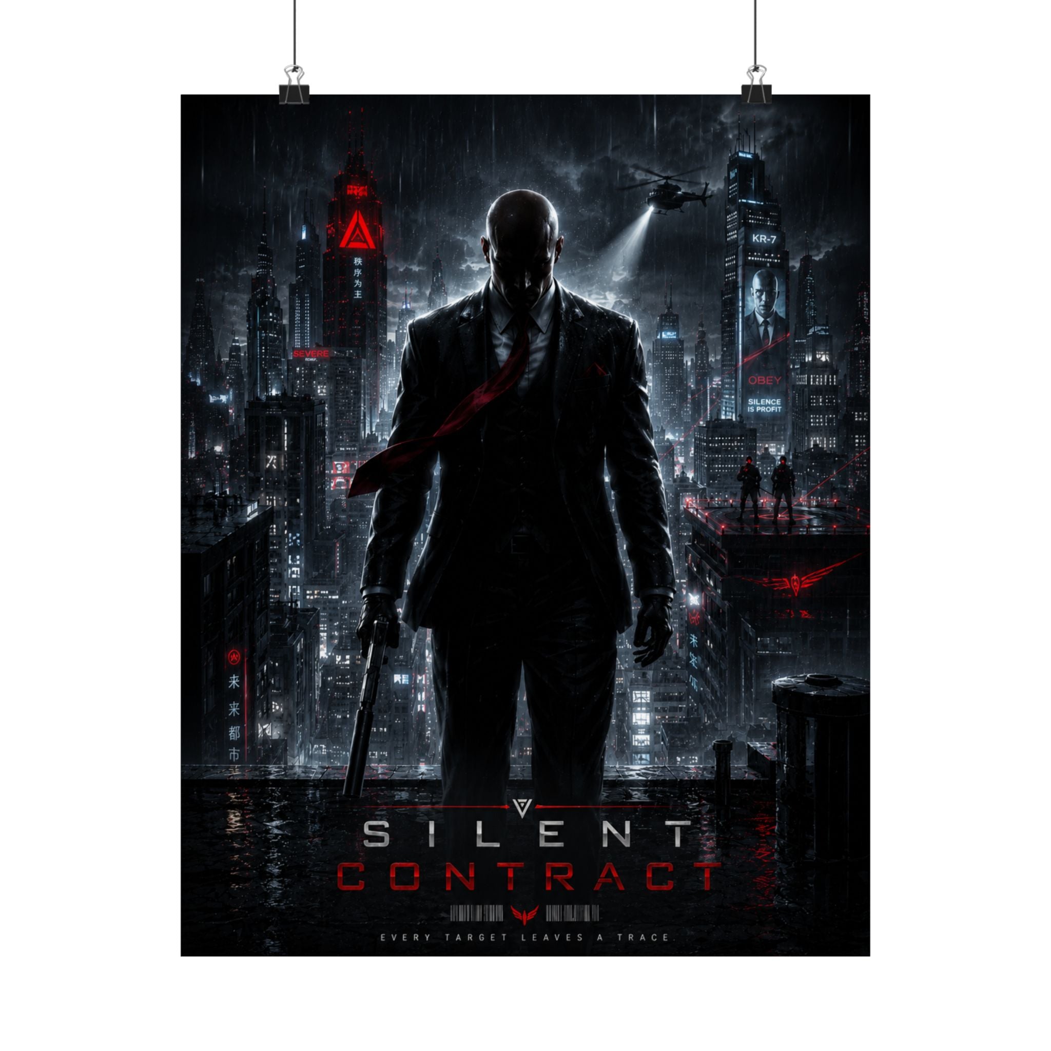 Silent Contract Gaming Poster — Neo‑Noir Hitman Cityscape