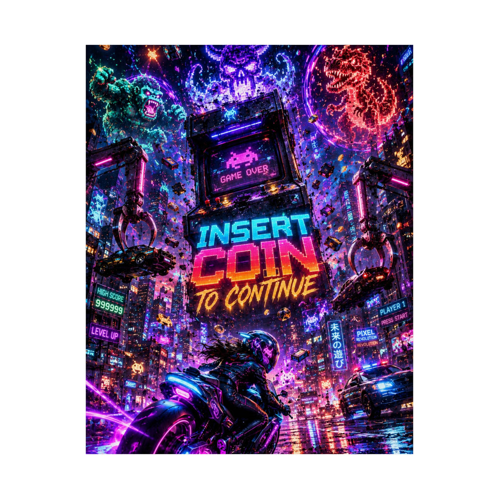 Retro Neon 'Insert Coin to Continue' Gaming Poster