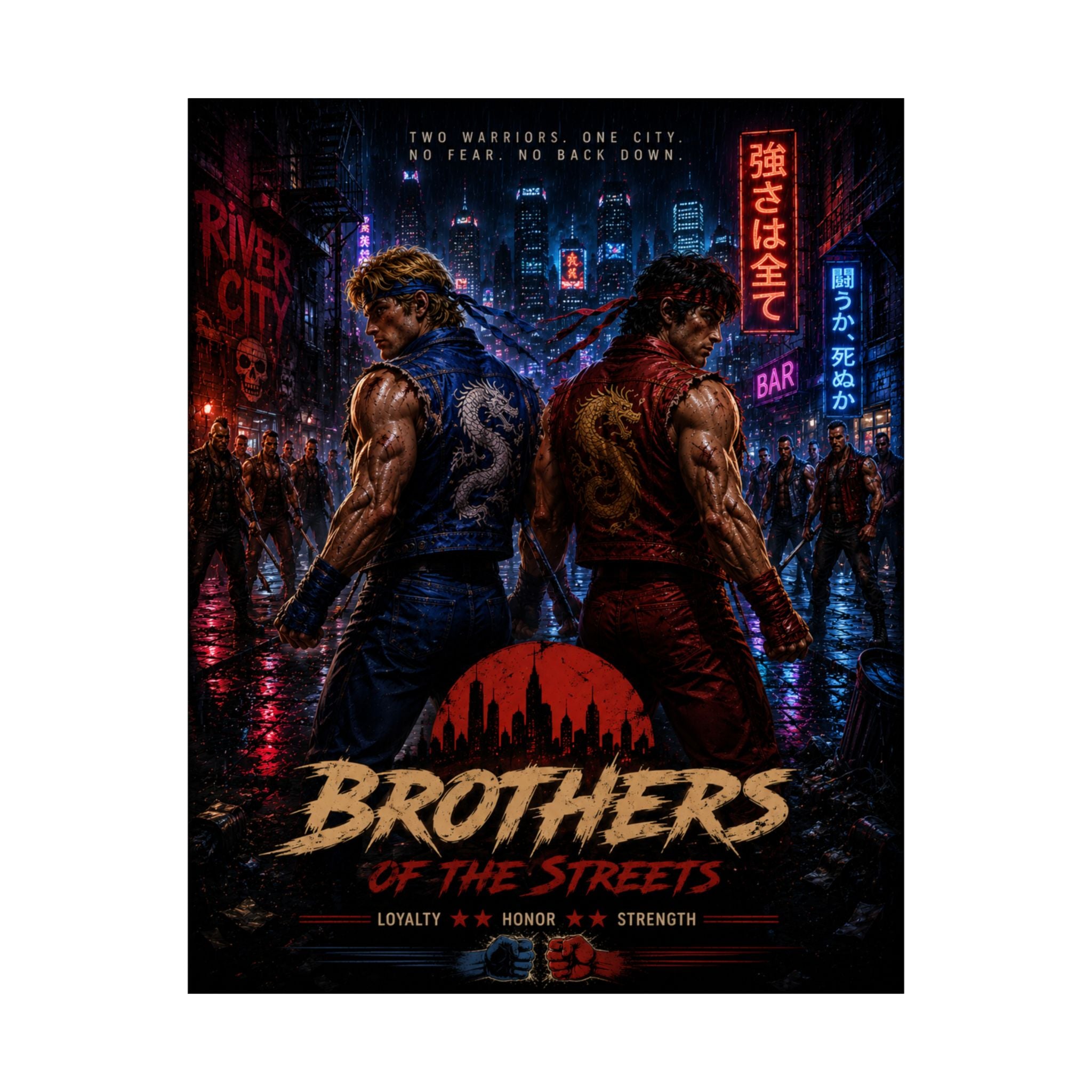 Brothers of the Streets Gaming Poster — Retro Game Neon Action Movie Art