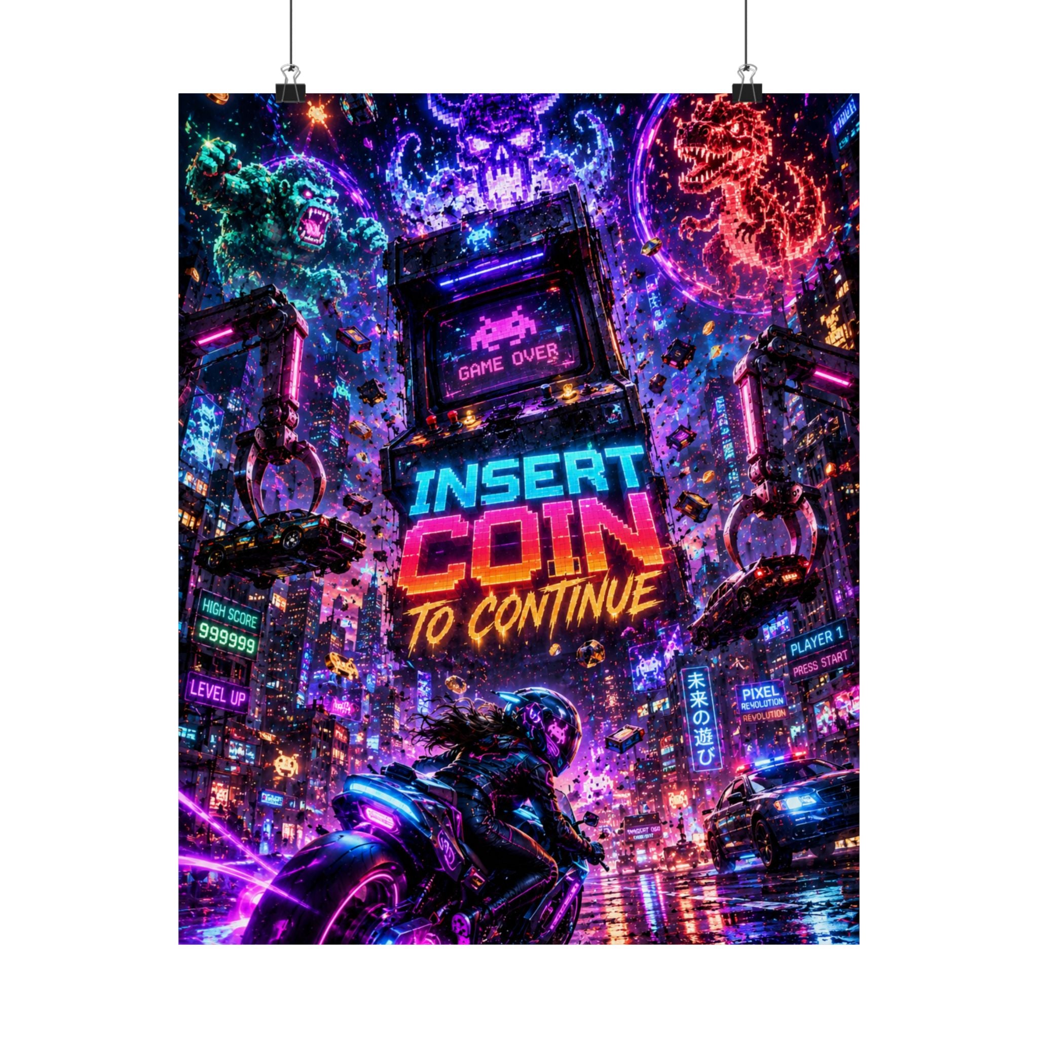 Retro Neon 'Insert Coin to Continue' Gaming Poster
