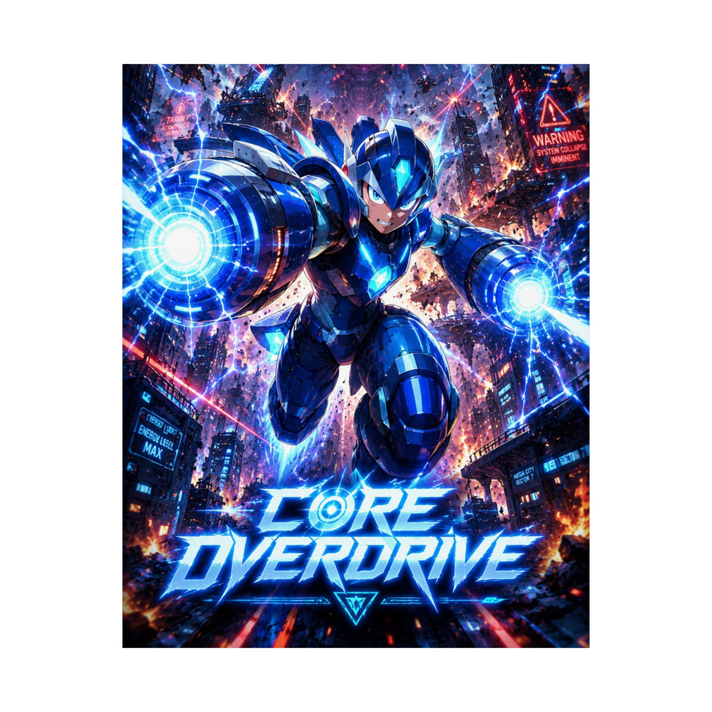 Core Overdrive NES Gaming Poster — Futuristic Blue Mega-Robot Gaming Wall Art