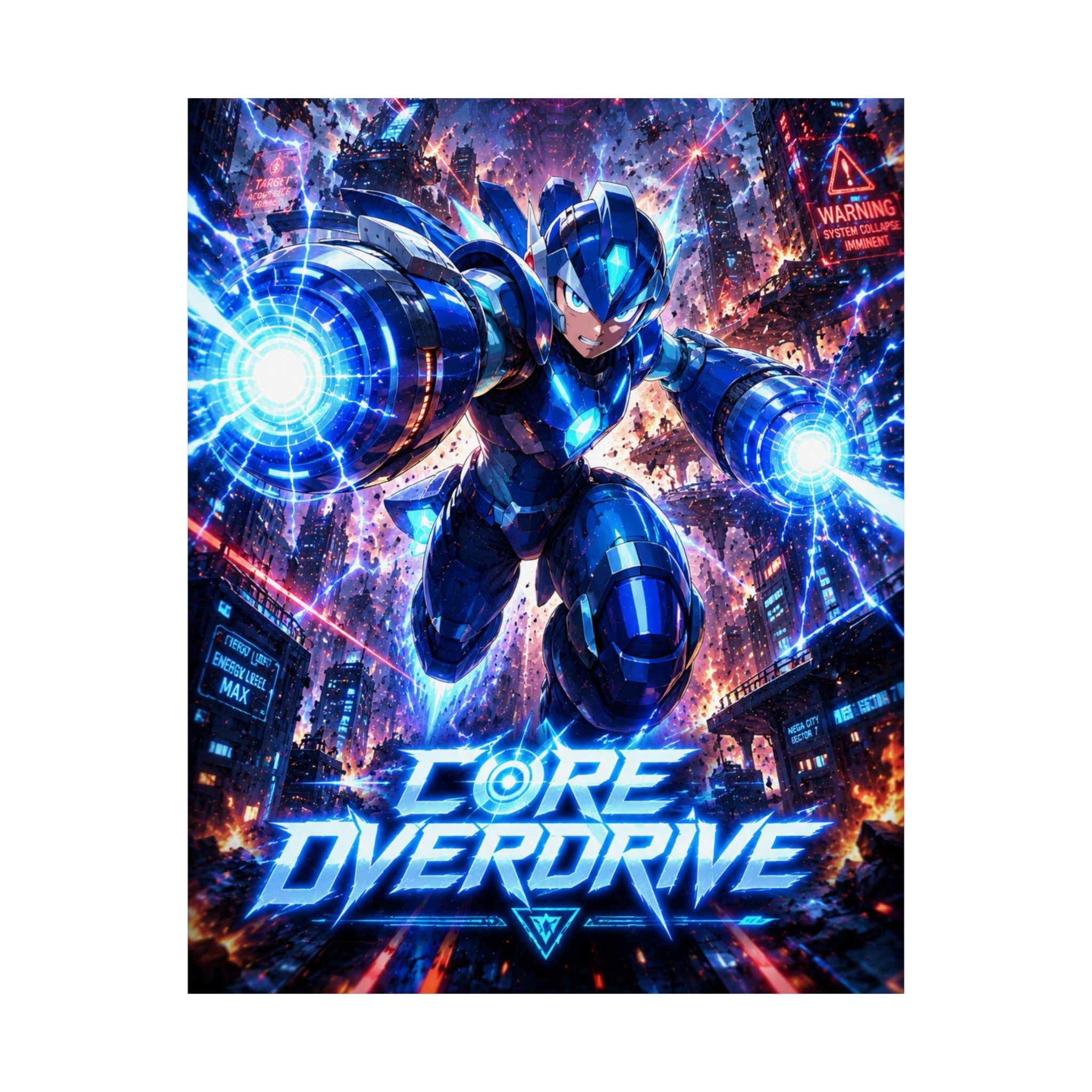 Core Overdrive NES Gaming Poster — Futuristic Blue Mega-Robot Gaming Wall Art