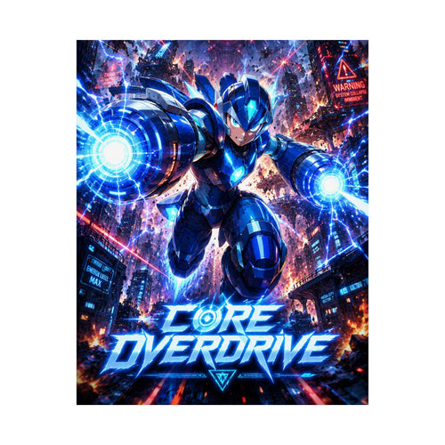 Core Overdrive NES Gaming Poster — Futuristic Blue Mega-Robot Gaming Wall Art