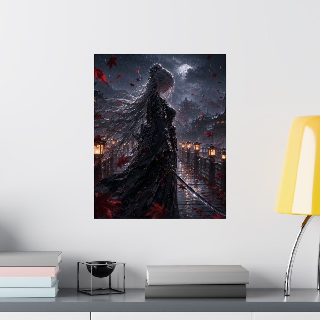 Moonlit Samurai Woman Poster | Matte Vertical Poster, Dark Fantasy, Rainy Night