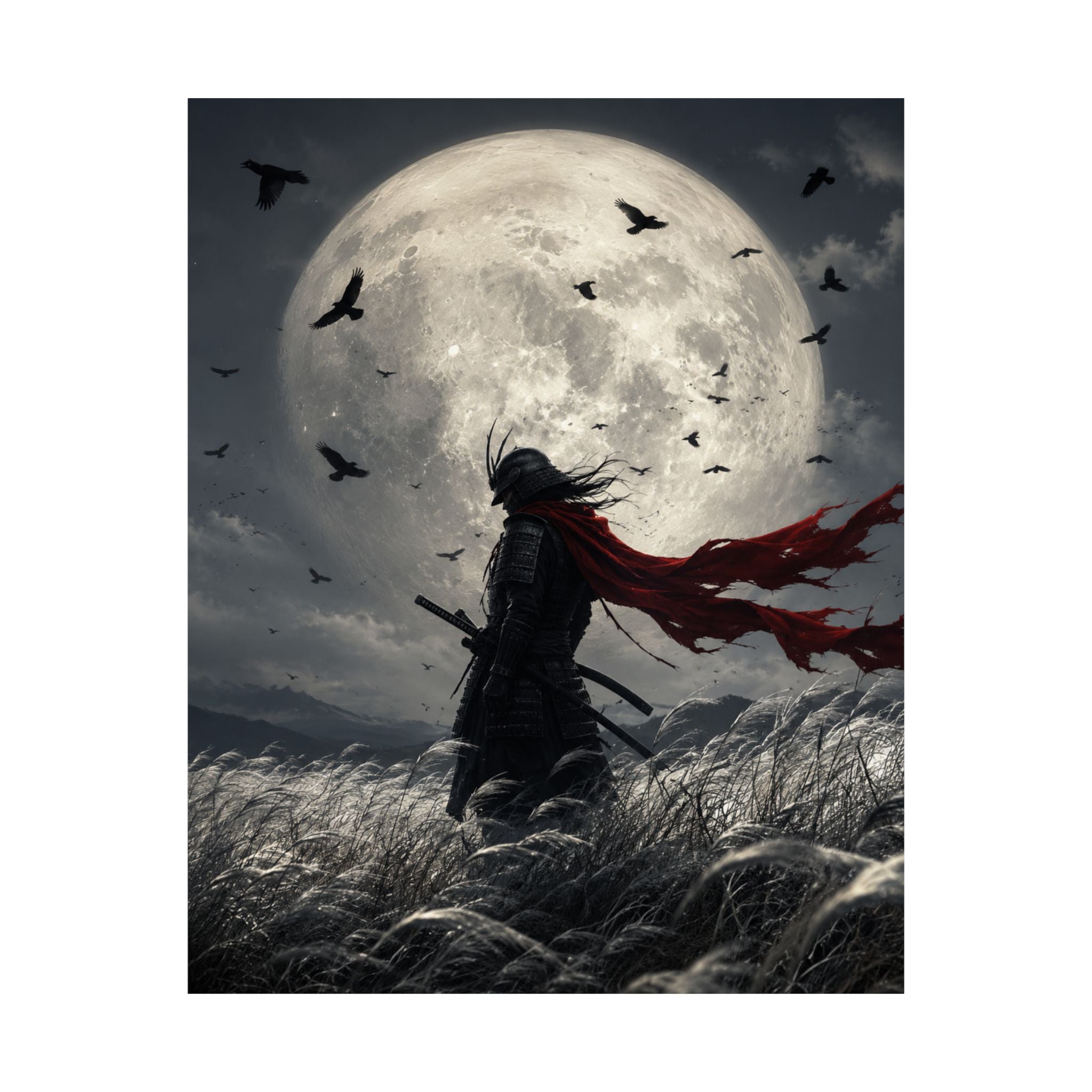 Samurai Moonlight Matte Poster | Dark Fantasy, Red Scarf, Full Moon