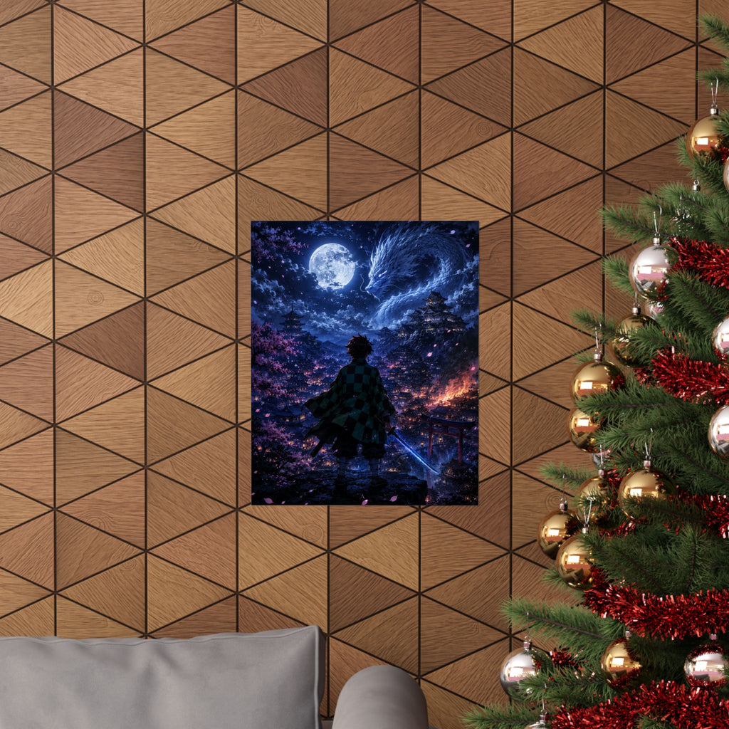 Demon Slayer Anime Art Poster — Moonlit Dragon Scene Anime Art
