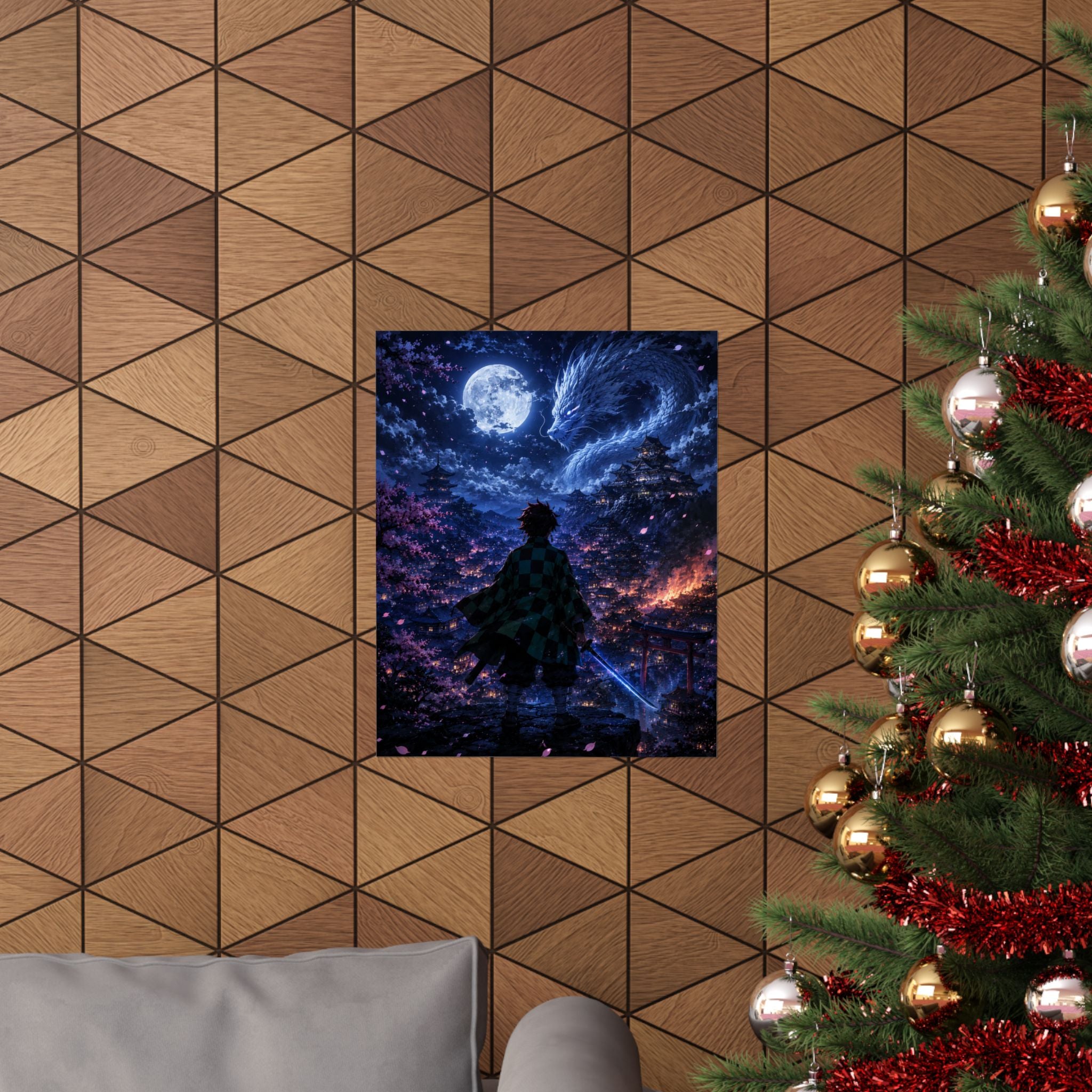 Demon Slayer Anime Art Poster — Moonlit Dragon Scene Anime Art