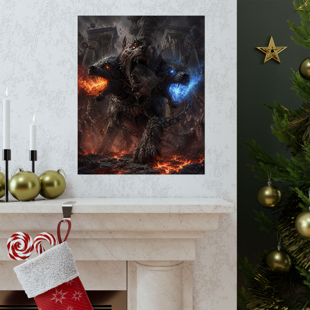 Three-Headed Cerberus Matte Vertical Poster | Fire and Ice Mythic Creature