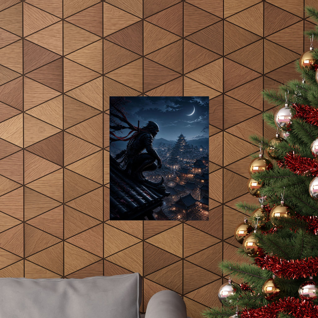 Ninja Nightwatch Vertical Poster — Moonlit Samurai City Wall Art