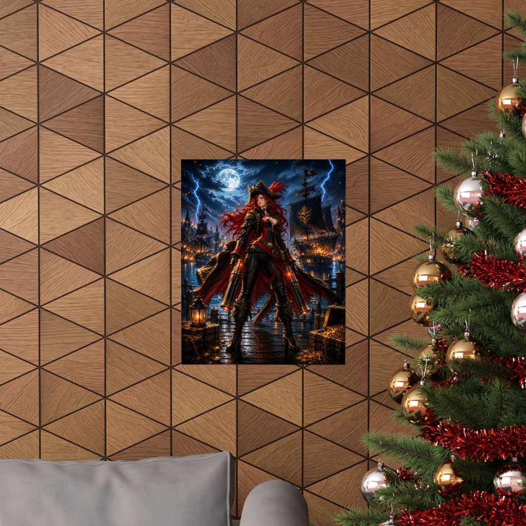 Crimson Pirate Witch Gaming Poster — Gothic Fantasy Gaming Wall Art