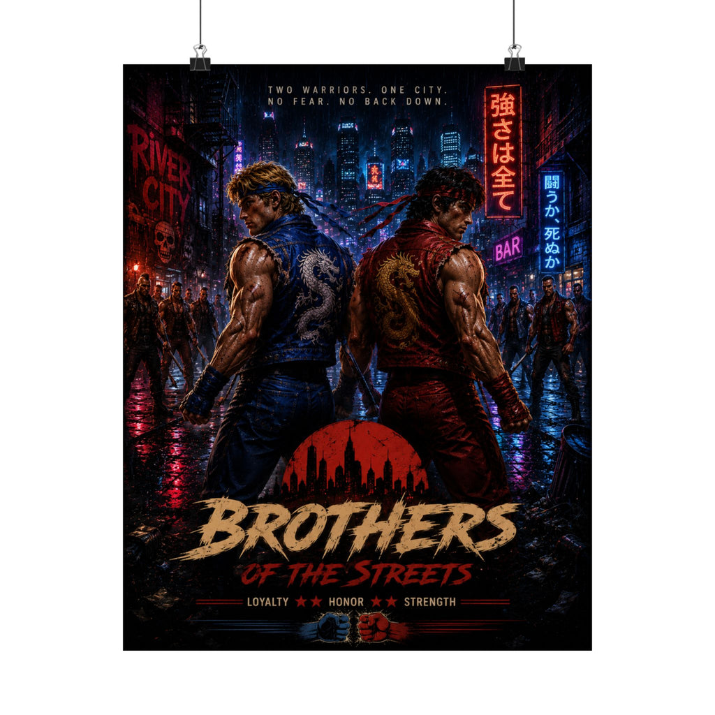 Brothers of the Streets Gaming Poster — Retro Game Neon Action Movie Art