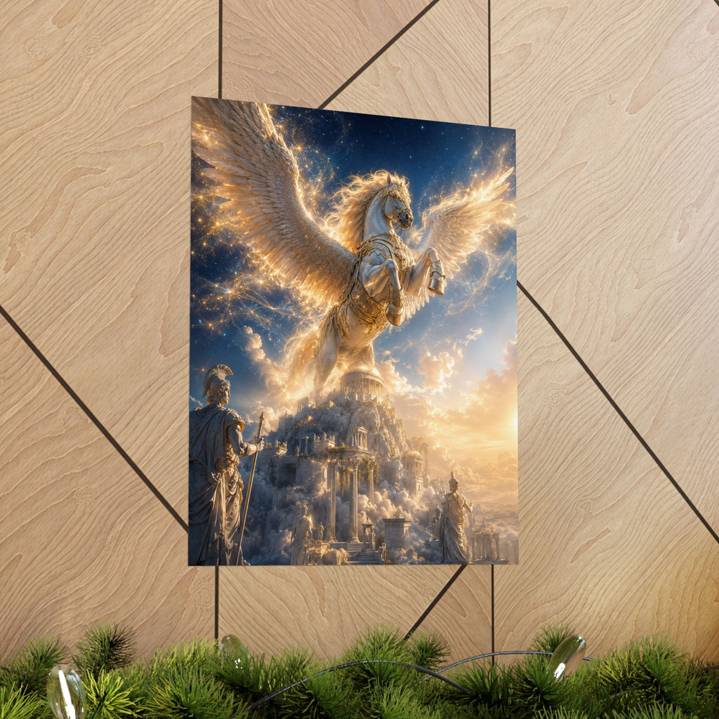 Golden Pegasus Fantasy Matte Vertical Poster | Mythical Winged Horse Wall Art